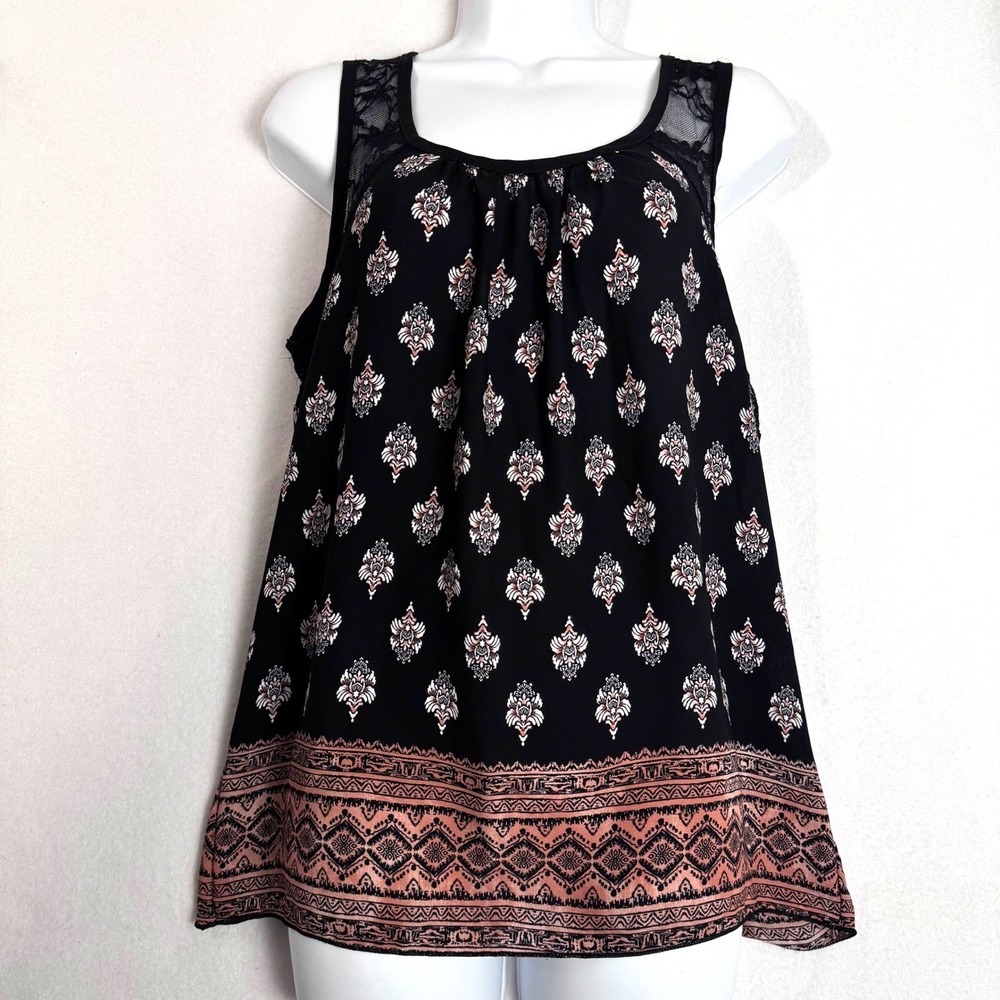 Fashion Magazine Tank Top Women Small Black Boho Lace Medallion Print Sleeveless